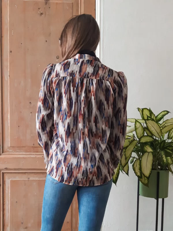 Blouse blauw bruin print